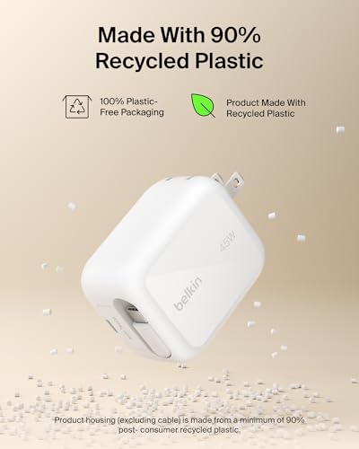 Belkin 45W GaN USB C Retractable Charger Block Fast Charging for Travel - color: White, style: 45W
