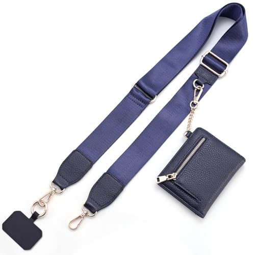 Diaclara Clip and Go Phone Strap with Zipper Pouch- Stylish Crossbody Adjustable Chain Lanyard with Leather Wallet for All Phones, Blue Pattern - color: Blue