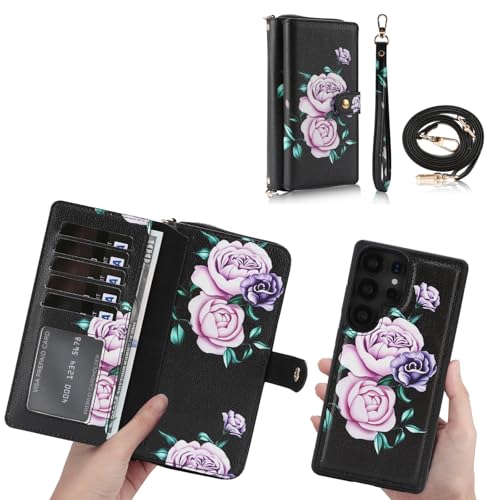 LITOU Compatible for Samsung Galaxy S26 Plus Crossbody Wallet Phone Case - color: BlackFlower, size: S26 Plus