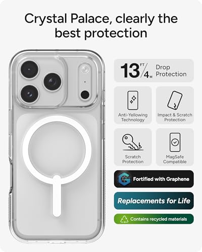 ZAGG Crystal Palace Case for iPhone 17 Pro - Clear, Drop Protection (13ft/4m), ClearGuard Anti‑Yellowing & Scratch‑Resistant, MagSafe & Wireless Charging Compatible - size: iPhone 17 Pro, style: With Magsafe