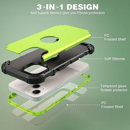 IDweel for iPhone 15 Case with Screen Protector,Luxury 3 in 1 Shockproof Slim Fit Hybrid Heavy Duty Protection Glitter Hard PC Cover Soft Silicone Bumper Full Body Case,Green - color: Green