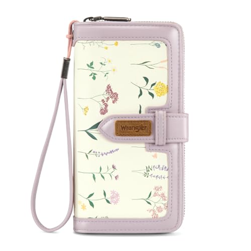 X Wrangler Women's Wallets Bifold Wristlet Wallets for Women Large Capacity Credit Card Wallet with ID Window - color: Floral-purple