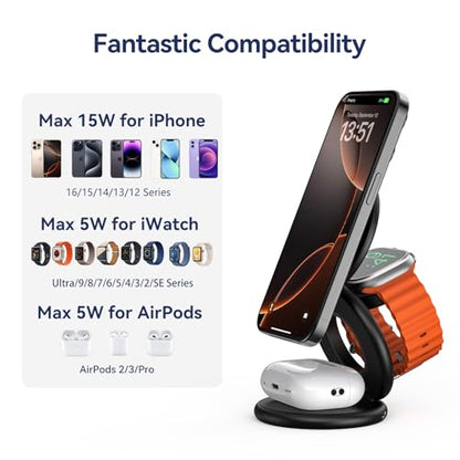 KU XIU X63 3 in 1 Charging Station for Apple, Aluminum Alloy Foldable Magnetic Wireless Charger, Travel Charger for iPhone 17/16/15/14/13/12 Series, Apple Watch & AirPods(with 20W Adapter)-Black - color: Black