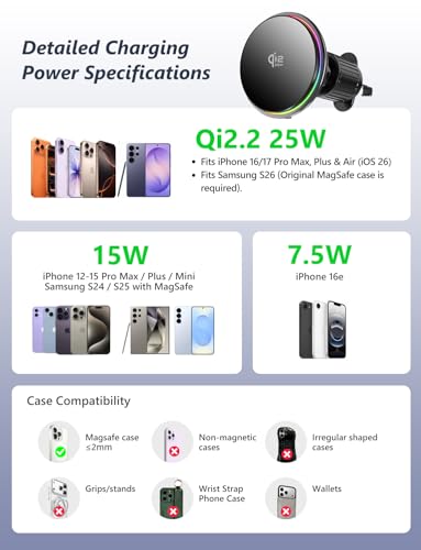 for Qi2.2 25W magsafe car mount charger, Magnetic Phone Holder with RGB Light, Wireless Car Charger 25W, Fast Charging For iPhone 17 Pro Max 16-12 Series, Galaxy S26 Ultra, Google Pixel 10 Pro