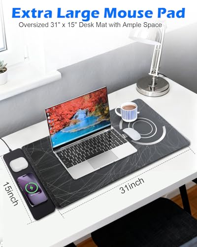 30"x15" XXL Wireless Charging Mouse Pad, Detachable 15W Qi Charger - color: Lines Art