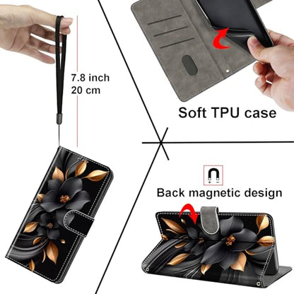 Case Wallet for Samsung Galaxy A14 5G, Black Flower | Kickstand, 3 Card Holder, Shockproof TPU Interior Shell, PU Leather, Magnetic Flip Cover, Lanyard Strap - color: Pic:04