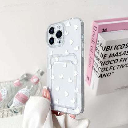 NITITOP Compatible with iPhone 14 Pro Case Clear with Card Holder Cute White Love Heart Pattern Design Design Soft TPU Shock-Absorbing Wallet Case Protective Cover - White - color: White, size: iPhone 14 Pro