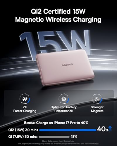 Baseus Picogo Magsafe Portable Charger, Qi2 15W 0.5" Ultra Slim 10000mAh Wireless Power Bank, 27W Fast Charging Magnetic Battery Pack with USB-C for iPhone 17 Pro Max/17 Pro/Air/16/15/14/13/12 | 10000mAh Wireless Power Bank, 27W Fast Charging Magnetic Bat