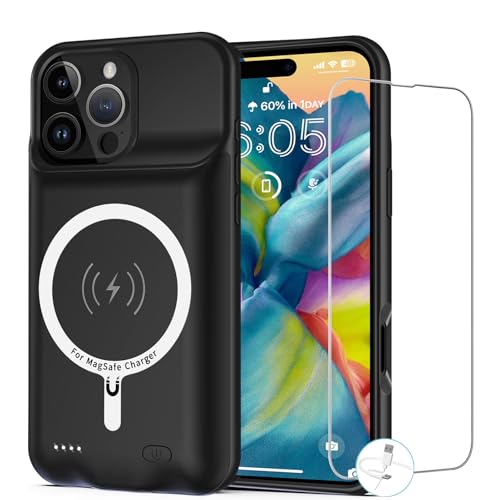 Battery Case for iPhone 16 Pro, [10000mAh] Enhanced Portable Protective Smart Qi Wireless Charger Case Battery Pack with CarPlay Wireless Charging Cover Compatible for iPhone 16 Pro (6.3 inch)-Black