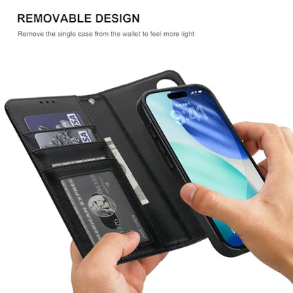 Bocasal Detachable Wallet Case Card Holder for iPhone 17, Black | RFID Blocking Kickstand Card Slots Holder PU Leather Magnetic Shockproof Wrist Strap Removable Flip Protective Cover 6.3 inch - color: Black