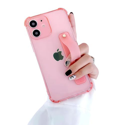 Compatible for iPhone 12 Case with Strap Holder Stand - Pink | Wristband Kickstand, Clear Soft TPU, Adjustable Finger Hand Grip Loop, Shockproof Bumper Rugged Cover - color: Chalk Pink, size: iPhone 12 6.1"