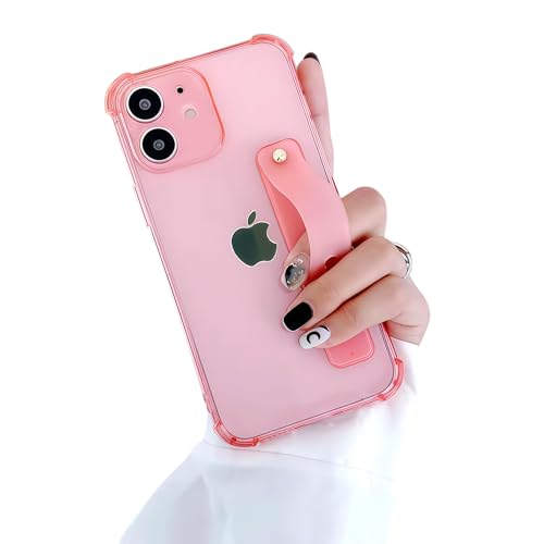 Compatible for iPhone 12 Case with Strap Holder Stand - Pink | Wristband Kickstand, Clear Soft TPU, Adjustable Finger Hand Grip Loop, Shockproof Bumper Rugged Cover - color: Chalk Pink, size: iPhone 12 6.1"