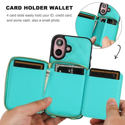 Bocasal Crossbody Wallet Case Card Holder for iPhone 16, Mint Green | RFID Blocking PU Leather Zipper Handbag Purse, Kickstand Flip Folio Case with Card Slots Holder Wrist Strap Lanyard 6.1 Inch - color: Green