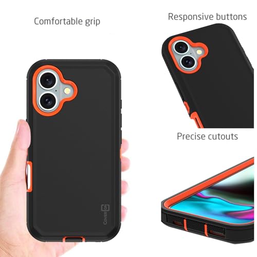 CoverON Rugged Designed for Apple iPhone 16 Case, Heavy Duty Military Grade A Guard Protective Armor Hybrid Rigid Skin Cover Fit iPhone 16 Phone Case - Black/Orange - color: Black