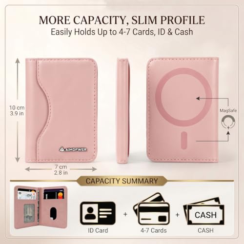 MagSafe Wallet Stand with ID Window, 7 Card Holder with RFID Blocking for MagSafe Phone and Case, Slim Leather Magnetic Wallet for iPhone 17e/17/16/15/14/13/12 Series(Pink) - color: Pink