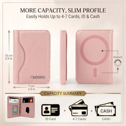 MagSafe Wallet Stand with ID Window, 7 Card Holder with RFID Blocking for MagSafe Phone and Case, Slim Leather Magnetic Wallet for iPhone 17e/17/16/15/14/13/12 Series(Pink) - color: Pink