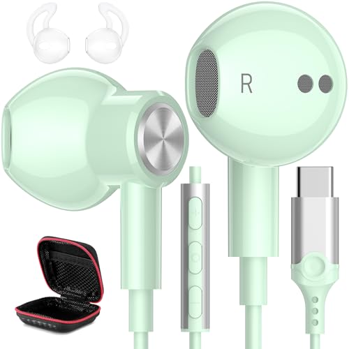 USB C Headphones Magnetic Wired Earbuds with Mic for Apple/Samsung Android - color: Mint Green