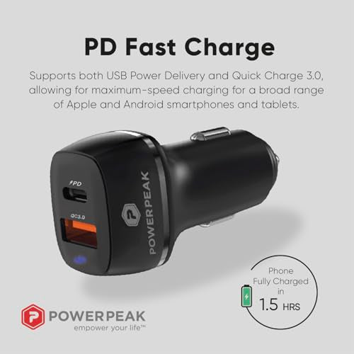 Car Charger, 48W Dual Port Car Charger, Black Power Delivery, USB-A and USB-C Ports, PD Charger, Compatible with iPhone - Apple and Android | Black