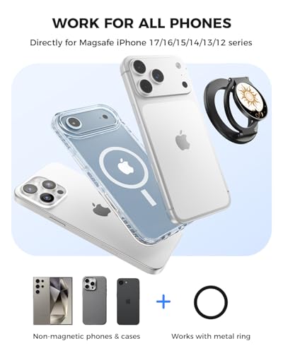 SUPERONE Upgraded Magnetic Phone Grip Sun, Removable Gym MagSafe Kickstand, Dual-Sided Magnet Phone Ring Holder for iPhone 17/16/15/14/13/12, Compatible with Magnetic Car Mount- Sun and Moon Pattern - color: BK-Sun
