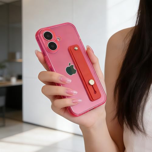 Strap Case for iPhone 17 with Stand, Neon Magenta | Wrist Strap Kickstand, Adjustable Finger Hand Grip Loop, Slim Transparent Anti-Scratch Back, Soft Bumper Phone Cover - color: Neon Magenta, size: iPhone 17