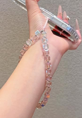 Crystal & Pearl Phone Charm Wrist Strap, Beaded Lanyard Wristlet Chain, Hands-Free Bracelet Strap for Phone Cases - color: Cube-pink