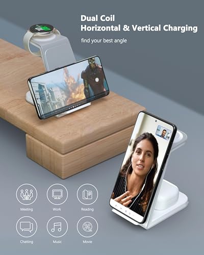 15W Fast Wireless Charging Station,Compact Size, Dual Coil Multi-Angle Charging Compact Size, for Galaxy Phone/Watch/Buds(Silver)