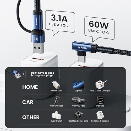60W USB C Cable, Right Angle Type C Fast Charging Cable, 3.3FT 2-Pack - size: 3.3FT+3.3FT