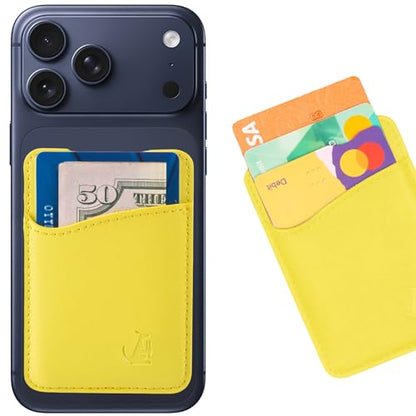 Wallaroo Premium Leather Cell Phone Wallet Stick On - Phone Wallet and Card Holder for Women and Men - Durable with Non-Slip Lining Secures Up to 3 Cards - color: Yellow Leather