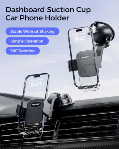 PISEN Dashboard Car Phone Mount - One Press Lock Dash Phone Holder for Car, 360° Rotating One-Button Release Dash Car Phone Holder, Strong Suction Dashboard Car Phone Mount for Most Smartphone (Black)