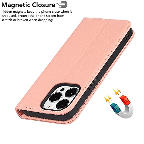 iCoverCase Compatible with iPhone 13 Pro Wallet Case with Credit Card Holder and Wrist Strap, RFID Blocking Genuine Leather Flip Magnetic Phone Cover 6.1 Inch (Pink) - color: 1-Pink (No Headphone Storage Belt), size: iPhone 13 Pro