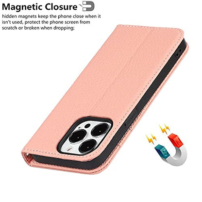 iCoverCase Compatible with iPhone 13 Pro Wallet Case with Credit Card Holder and Wrist Strap, RFID Blocking Genuine Leather Flip Magnetic Phone Cover 6.1 Inch (Pink) - color: 1-Pink (No Headphone Storage Belt), size: iPhone 13 Pro