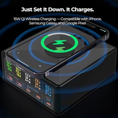 160W Desktop Charger Station with Wireless Charging Pad & Per-Port Display