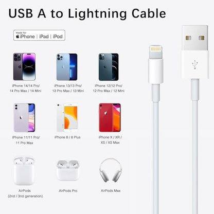 6ft USB A to Lightning Cable for iPhone 14, Carplay Cable Compatible for iPhone 14 pro max,13 Plus,SE 2nd/12/11/Xs/XR, Fast Charging Power Cord for AirPods 4, AirPods Pro (2nd/3rd gen) Charger cable - size: 6FT