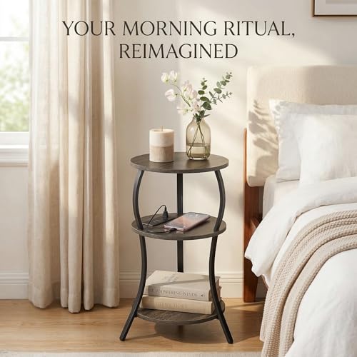 YEAKOO Small Side Table with Charging Station,3-Tier Round end Table - color: Grey, style: USB Charger