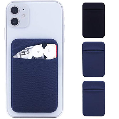 3Pack Cell Phone Card Holder Pocket Sticker Stretchy Cloth for Back of Phone with Flap Credit/ID Card Sleeve Adhesive Stick on Wallet for iPhone,Android All Smartphones (2Navy Blue,1Black) - color: 2Navy Blue,1Black