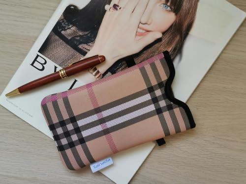 Tainada Neoprene Neck Phone Sleeve Pouch w/Crossbody Strap (Camel Plaid) | For Men/Women; lightweight neoprene pouch; Compatible with iPhone 17/16 Pro Max, 16e, 16/15 Plus; Samsung S26/S25, A57/A56 - color: Camel Plaid