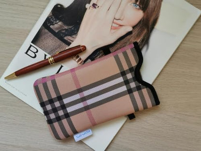 Tainada Neoprene Neck Phone Sleeve Pouch w/Crossbody Strap (Camel Plaid) | For Men/Women; lightweight neoprene pouch; Compatible with iPhone 17/16 Pro Max, 16e, 16/15 Plus; Samsung S26/S25, A57/A56 - color: Camel Plaid