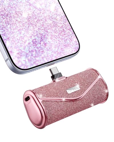 iWALK Upgraded Sparkly Portable Charger 22.5W, 5000mAh Power Bank for iPhone 18 Pro/17/16/15 Series, Mini Battery Pack with Built-in USB-C Connector Compatible with Samsung S25/24, iPad Pro/Air, Pink - color: Pink