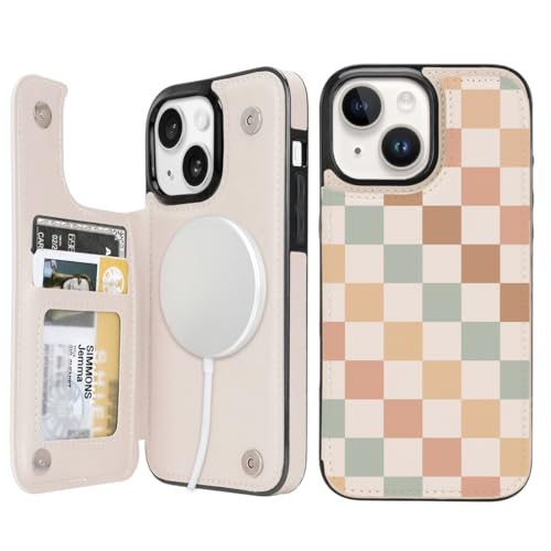 uCOLOR for iPhone 13/14 Wallet Case with Card Holder Pastel Check Vibes | Compatible with MagSafe,Folio Flip PU Leather Magnetic RFID,with Camera Lens Protector - color: Pastel Check Vibes