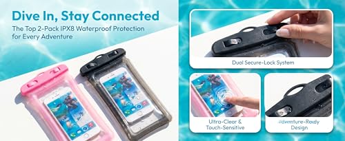 2 Pack Waterproof Phone Pouch Underwater Dry Bag Ultra-Clear Dual-Sided Touchscreen Case with Lock Seal for Swimming Snorkeling & Beach-Pink-Black - color: Pink-Black