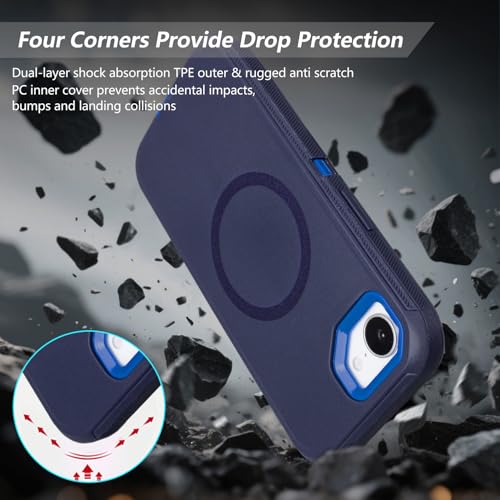 Phone Case for iPhone 16e Magnetic Case with Clip & 360°Rotating Kickstand | Compatible with MagSafe, Heavy Duty Drop Protection, Rugged Shockproof Protective Case for iPhone 16e Case with Kickstand - color: Navy+Blue