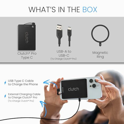 Clutch Pro – World's Thinnest Portable Charger – USB-C Power Bank 5000mAh – Magnetic Built-in Cable – TSA Approved Travel Charger – iPhone 15/16/17 & Android – Black - color: Black