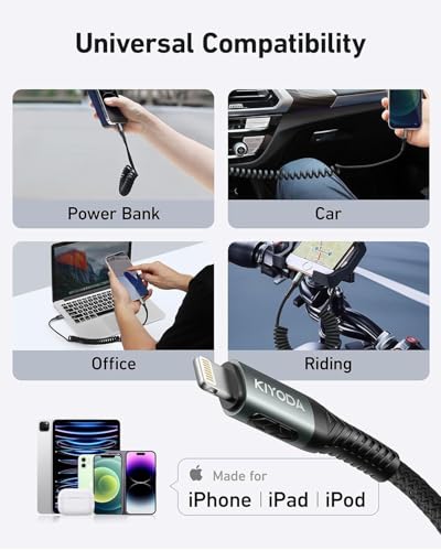 USB to Lightning Cable for Car 6FT, Coiled iPhone Charger Braided USBA to - size: 6FT, style: USB A to Lightning