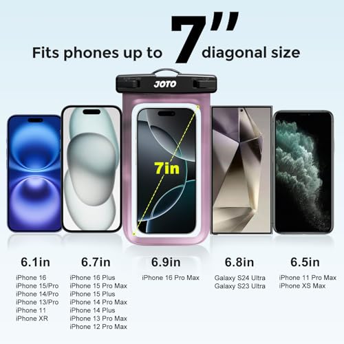 JOTO Up to 7" Universal Waterproof Phone Case for iPhone 16 15 14 13 Plus Pro Max, IPX8 Cellphone Dry Bag 12 11 Pro Max XR X 8 7 6S Plus SE, Galaxy S23 S22 S21 S20+ S20 Plus Note, Pixel -Clearpurple - color: Clearpurple, size: 1 Pack