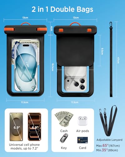 Miimall Double Space IPX8 Waterproof Phone Pouch 2 Pack, Floating Waterproof Phone Case with Lanyard for iPhone 17 16 15 14 Pro Max, Phone Dry Bag Cruise Beach & Vacation Essentials 7.2 inch, Black - color: Black