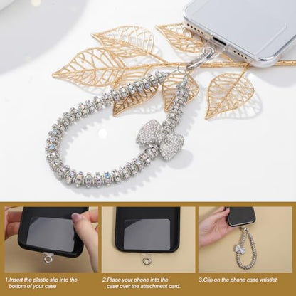 Luxury Diamond Phone Wrist Strap Beaded Cellphone Lanyard with Tether Tab Shiny Rhinestone Phones Chain Hands-Free Wristlet Bracelet Bow keychain Wristlet CellPhone Lanyards Phone Charm for Women