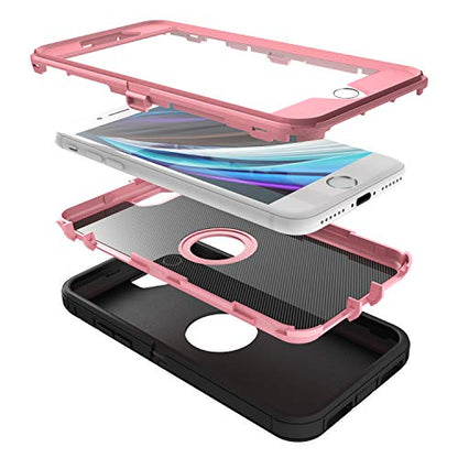 MXX Case Designed for iPhone SE Case 2020/SE 2022 Heavy Duty Protective with Screen Protector [3 Layers] Rugged Rubber Protection Cover & Rotating 360 Degree Belt Clip SE 3rd/2nd Gen(Black/Light Pink) - color: Black/Light Pink
