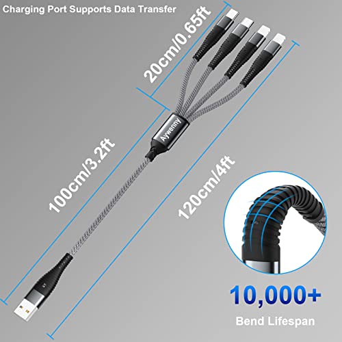 Multi Charging Cable Nylon Braided Universal 4 in 1 Multiple USB Cable 3A,with Dual Phone/USB-C/Micro-USB Port Adapter,for Cell Phones/Tablets/Samsung Galaxy/Huawei/PS & More[ 2Pack 4FT]