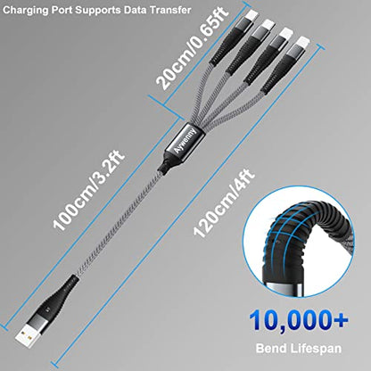 Multi Charging Cable Nylon Braided Universal 4 in 1 Multiple USB Cable 3A,with Dual Phone/USB-C/Micro-USB Port Adapter,for Cell Phones/Tablets/Samsung Galaxy/Huawei/PS & More[ 2Pack 4FT]