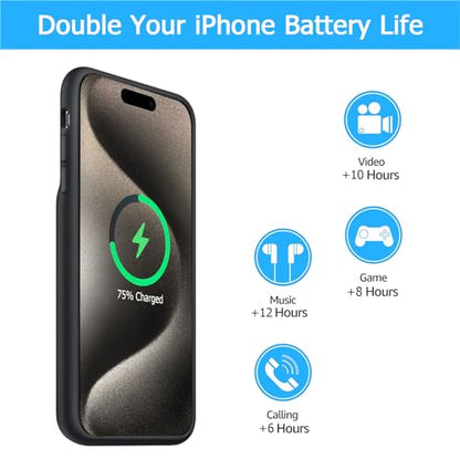 Battery Case for iPhone 15 Pro Max, [12000mAh] Enhanced Portable Protective Qi Wireless Charger Case Battery Pack with CarPlay Wireless Charging Case Compatible for iPhone 15 Pro Max (6.7 inch)-Black - size: iPhone 15 Pro Max